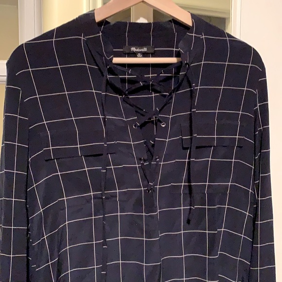 Madewell 100% Silk Window Pane Plaid LaceUp Blouse - Picture 2 of 5